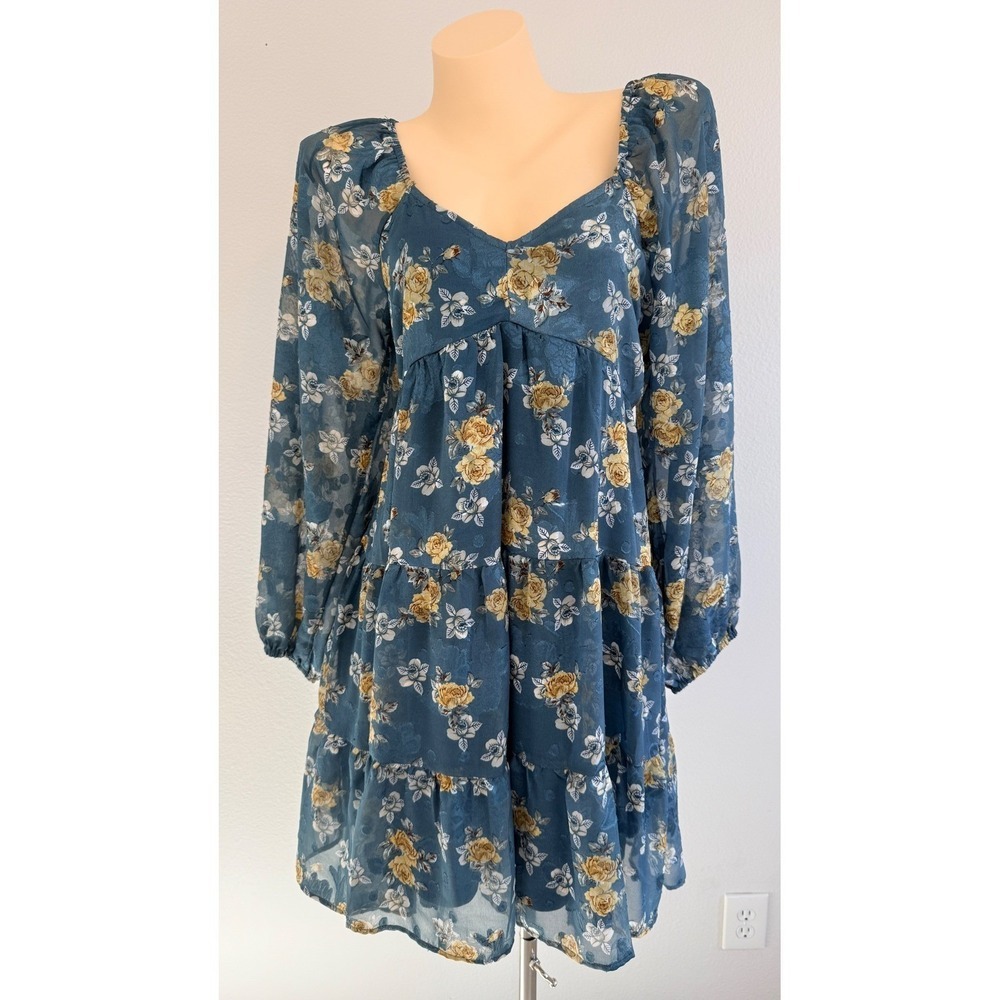 Baltic Born Lombard Tiered Dress Blue Gold Floral Cottagecore Boho Mini Medium